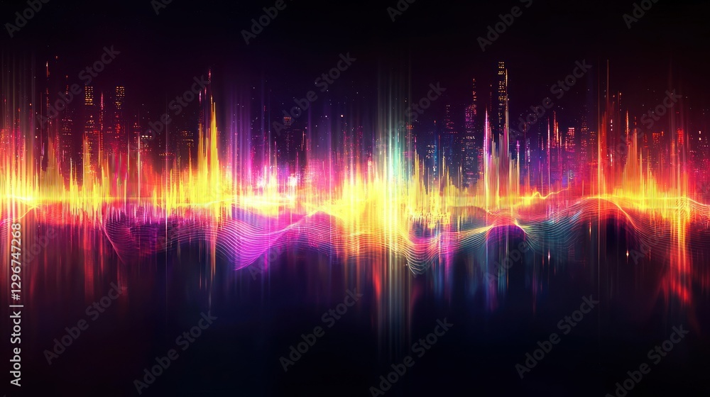 Poster A dynamic scene with abstract sound waves moving across a futuristic, glowing cityscape.