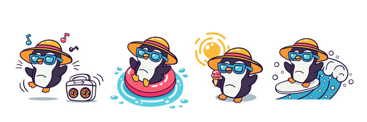 Set of cute cartoon penguins in summer activities: dancing, swimming, eating ice cream, and surfing. Vector illustration isolated on white background.