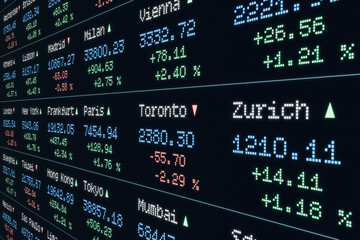 Stock market data, Paris, Vienna, Toronto, Hong Kong, Tokyo. Percentage changes, moving up and down. Device screen, business, international  trading information. Concept, 3D illustration
