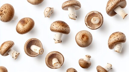 Brown mushrooms falling white background food pattern