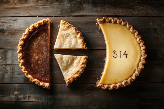 Three different cakes, one apple pie and other chocolate crust pie with numbers 3.14 on top and some slices of cheesecake cut out against rustic wooden background. Pi Day concept.