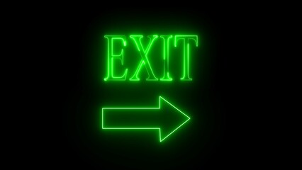 Glowing and blinking exit arrow, green neon text flickering on black background.