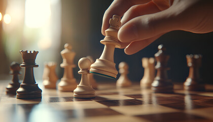 Close-up of human hand holding a white chess king over the chessboard, while crashes black chess king