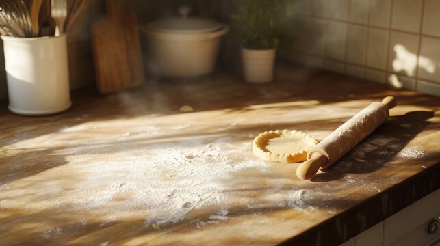 Rolling pin and dough on kitchen counter, flour dusted around it, symbolizing baking in action. The warm sunlight streaming through windows adds to inviting atmosphere of home cooking. Pi Day concept.