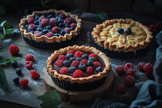 Three different berry tarts on a dark wood table, with blueberries and raspberries around the pies against a blurred background. A dark grey cloth is in the background of the scene. Pi Day concept.