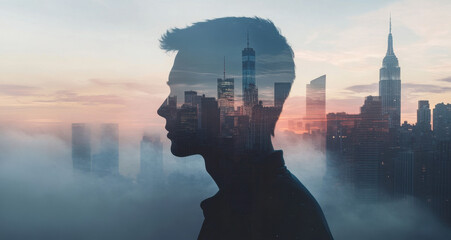 An adult man stands silhouetted against a vibrant city skyline as the sun sets. The scene showcases a dreamlike blend of his profile and the towering skyscrapers, surrounded by mist
