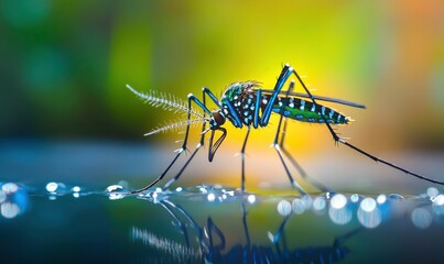 close-up of an Aedes albopictus mosquito, its body covered in blue and green patterns, standing on the surface of water with sunlight shining through it.