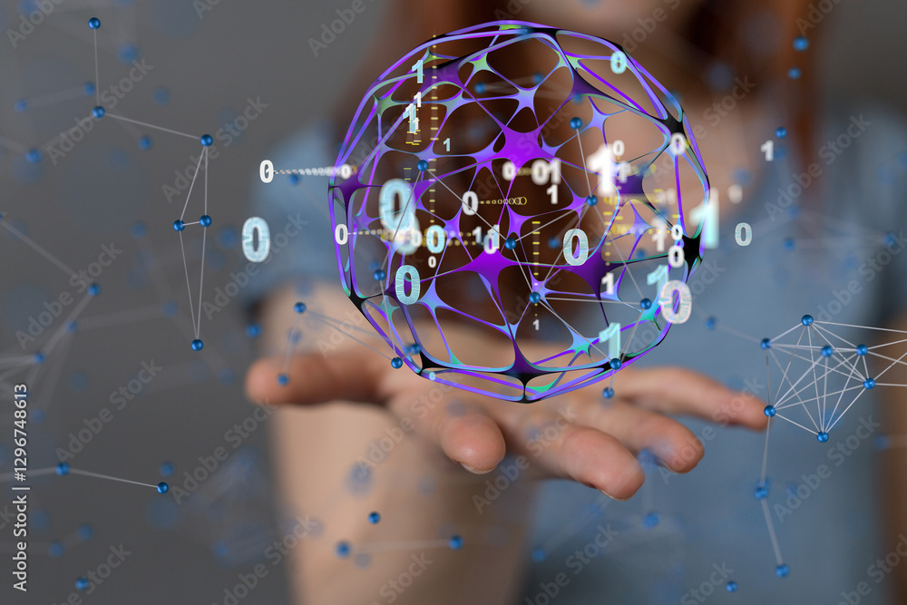 Aufkleber Global network. Blockchain. 3D illustration. Neural networks and artificial intelligence. Abstract  3d
