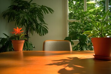 Sunlight filters through greenery, casting soft shadows on woode