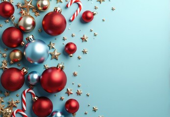 Fototapeta premium Christmas Ornaments and Candy Canes on Light Blue Background