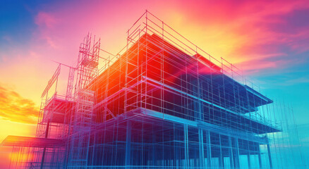 Fototapeta premium A vibrant holographic structure emerges during sunset, displaying intricate digital blueprints of a modern building. The interplay of colors enhances the futuristic feel of the construction