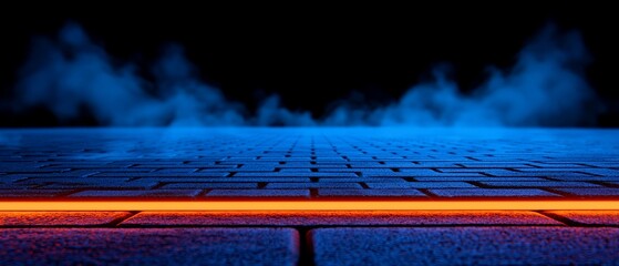 Blue Lit Brick Road Surface with Orange Line Detail, Evoking a Futuristic and Mysterious Atmosphere Effect