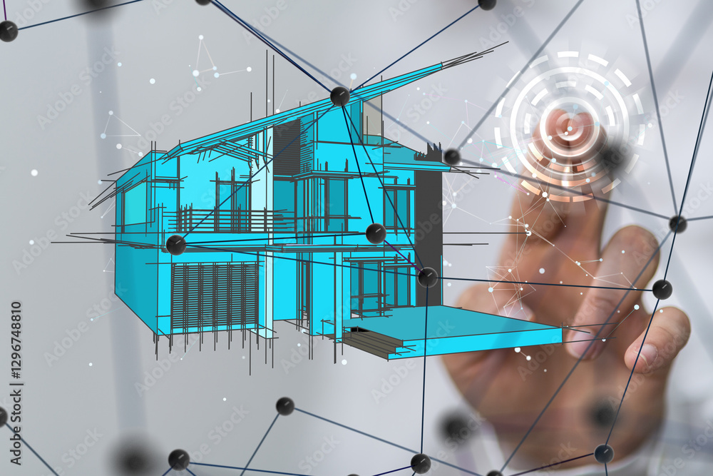 Poster home iot - neural network 3d illustration. big data and cybersecurity
