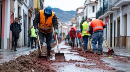 Fototapeta premium Construction Workers Performing Road Repairs with Shovels on a Narrow Street in a Bustling City Scene