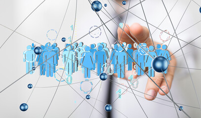 holding 3D rendering group of blue people