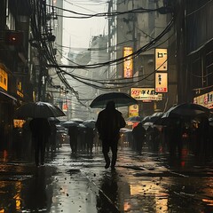 Rainy city street with pedestrians holding colorful umbrellas high resolution picture