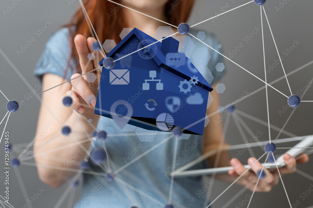 Poster home iot - neural network 3d illustration. big data and cybersecurity