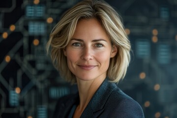 Obraz premium Confident businesswoman with blonde bob, smiling gently against a dark, tech-inspired backdrop.