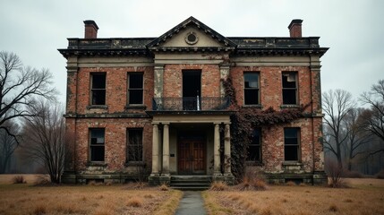 An aged brick mansion, weathered by time and embraced by nature's tenacious embrace, stands serenely amidst a tranquil autumnal landscape