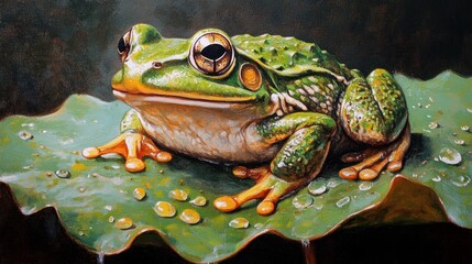 Magnificent Green Frog on a Dew-Kissed Leaf