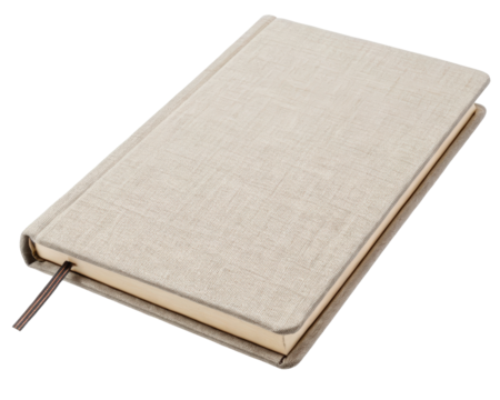 Beige linen-covered notebook on a transparent background