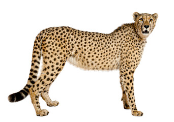 Full body shot of an adult cheetah standing and looking up, isolated on transparent background