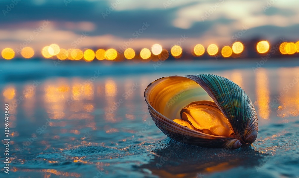 Poster seashell on the beach with waves crashing in the background. the shell is orange and brown, covered 