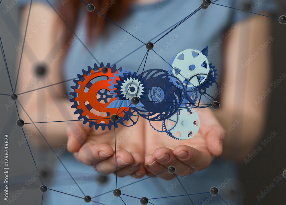 Poster gear system data. Connecting lines and dots.Big data visualization