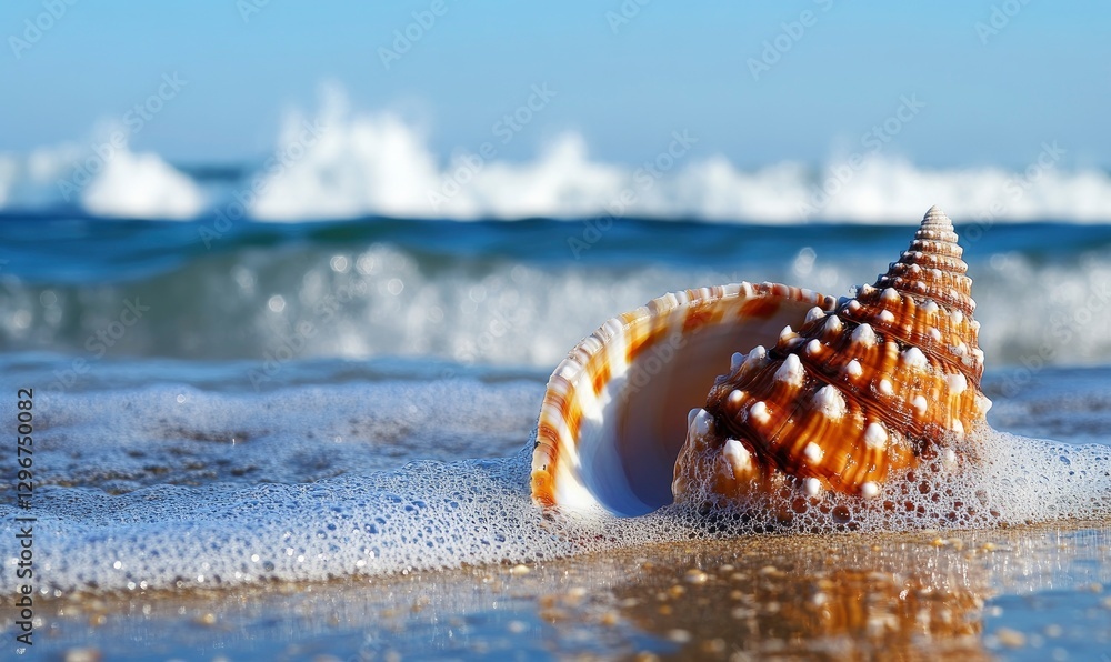 Poster seashell on the beach with waves crashing in the background. the shell is orange and brown, covered 