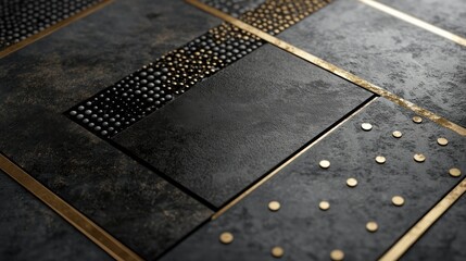 Fototapeta premium Abstract geometric pattern of dark gray stone tiles with gold accents. Possible use in design, architecture, or industrial projects