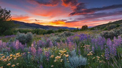 Obraz premium A field of wildflowers illuminated by the vibrant orange and pink tones of a sunset.