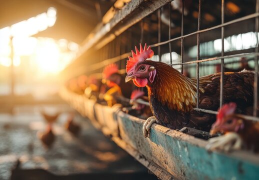 Chickens in a cage with sunlight filtering through the barn, showcasing farm life and animal husbandry in a vibrant rural setting.