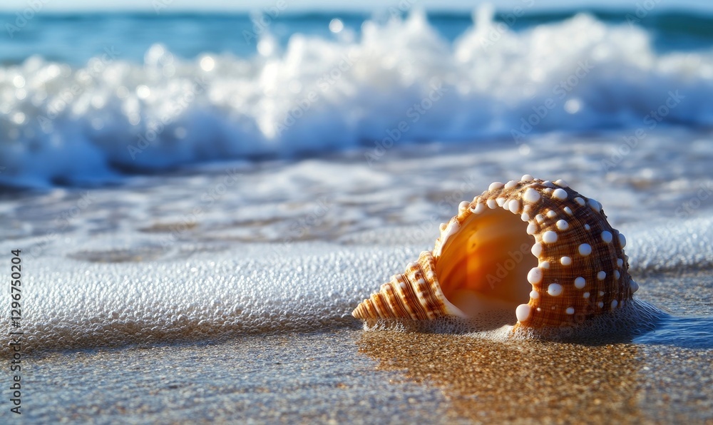 Poster seashell on the beach with waves crashing in the background. the shell is orange and brown, covered 