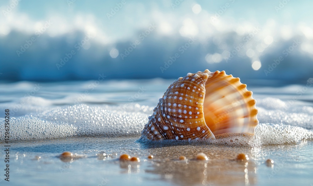 Poster seashell on the beach with waves crashing in the background. the shell is orange and brown, covered 