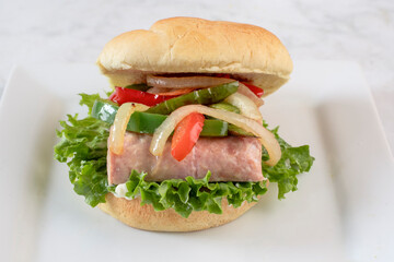 spam burger  top with  peppers and onions