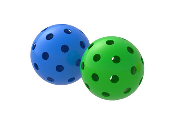 Two pickleball balls isolated on white background. Sports equipment. 3d render