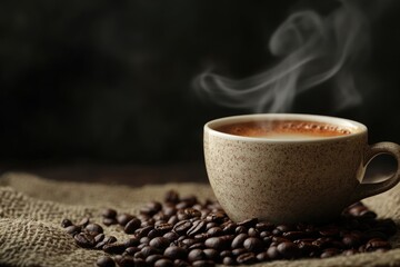 A steaming cup of coffee with coffee beans in the background.