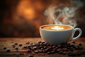 A steaming cup of coffee with coffee beans in the background.