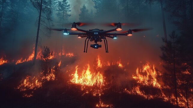 A high-tech drone with thermal imaging cameras hovering over a burning forest, detecting hotspots with precision