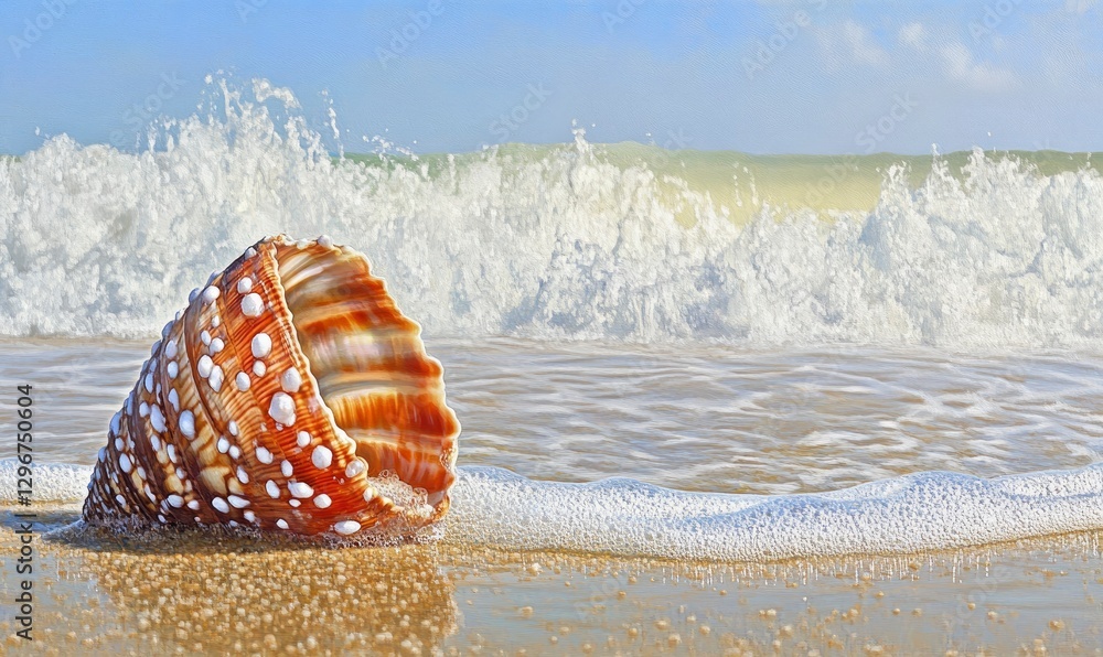 Poster seashell on the beach with waves crashing in the background. the shell is orange and brown, covered 
