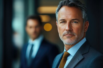 Confident mature businessman in suit, serious expression, slightly blurred colleague in background.