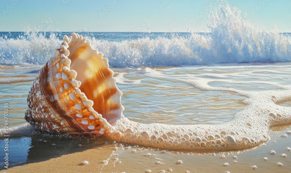 Poster seashell on the beach with waves crashing in the background. the shell is orange and brown, covered 