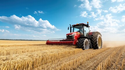 Obraz premium Red Tractor Harvesting Wheat in Golden Field Under Blue Sky with Fluffy Clouds and Sunlight Shining Brightly