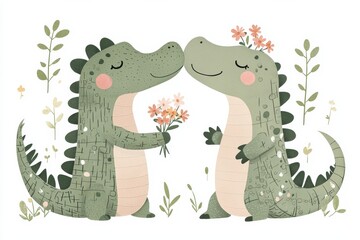 Naklejka premium Adorable cartoon crocodile couple holding flowers and surrounded by foliage