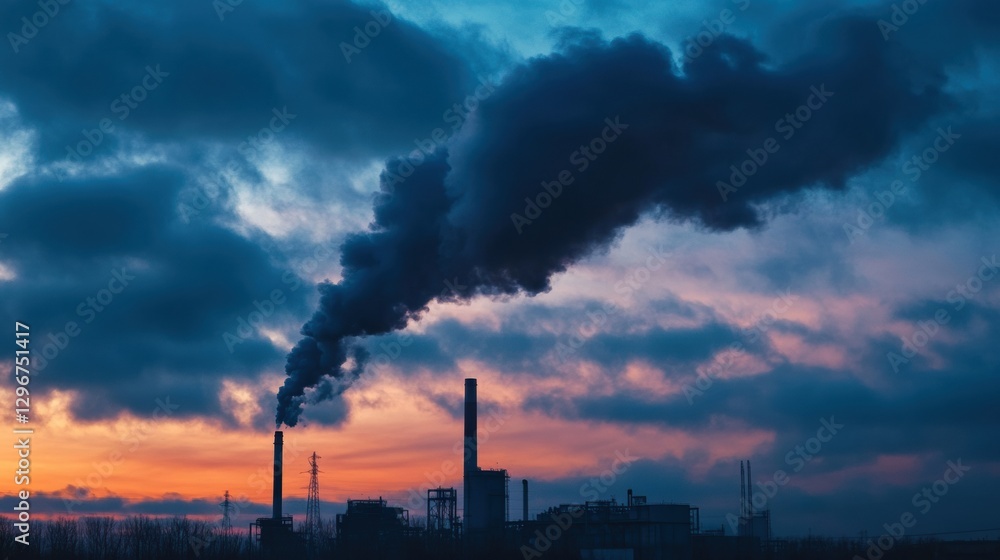 Aufkleber industrial factory emits smoke into the sky at dusk with colorful clouds in the background. generati
