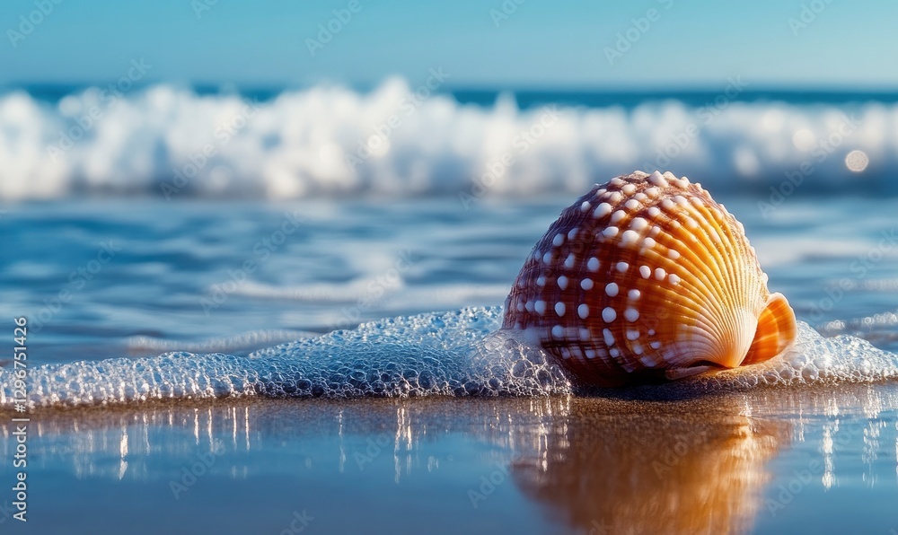 Poster seashell on the beach with waves crashing in the background. the shell is orange and brown, covered 