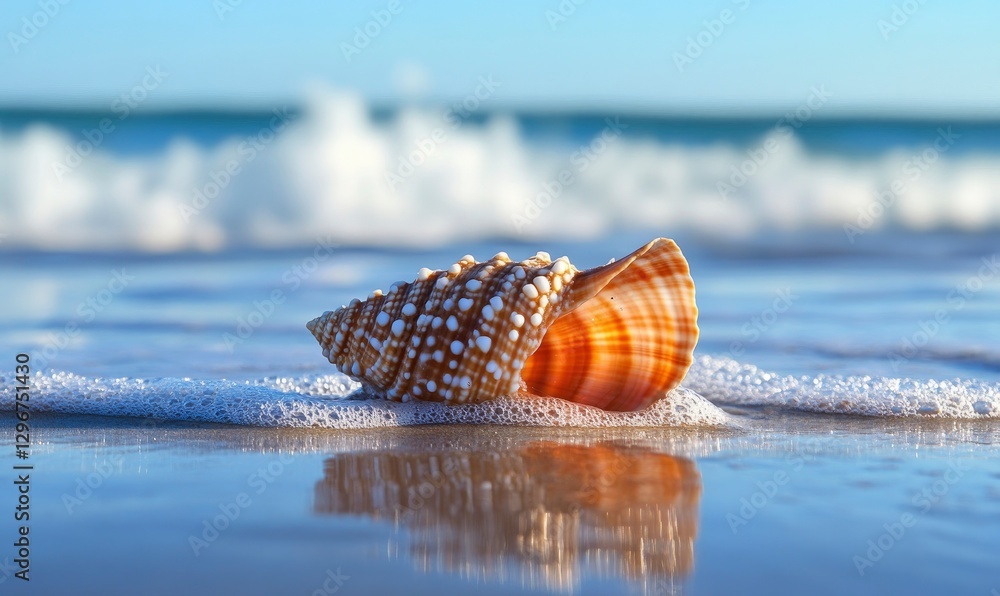 Poster seashell on the beach with waves crashing in the background. the shell is orange and brown, covered 