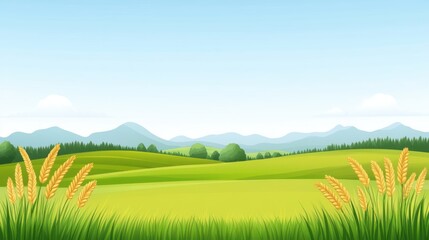 Fototapeta premium Vibrant Green Meadow Landscape with Rolling Hills and Wheat Stalks Under Clear Blue Sky
