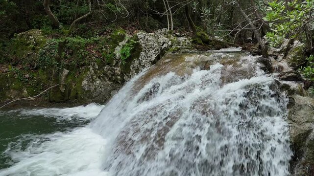 Drone flight over Stathula Polylimnio Waterfall, Peloponnese, Greece