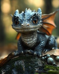 Fototapeta premium Adorable Baby Dragon Perched on Mossy Rock